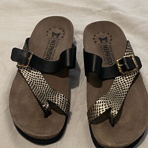 Mephisto Women's Gold Snake-Print Thong Sandals with Black Buckle Strap